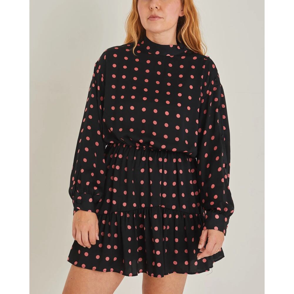 Zara Black Pink Polka Dot Long Sleeve Mini Dress Size XS Asymmetrical Button - Picture 2 of 14